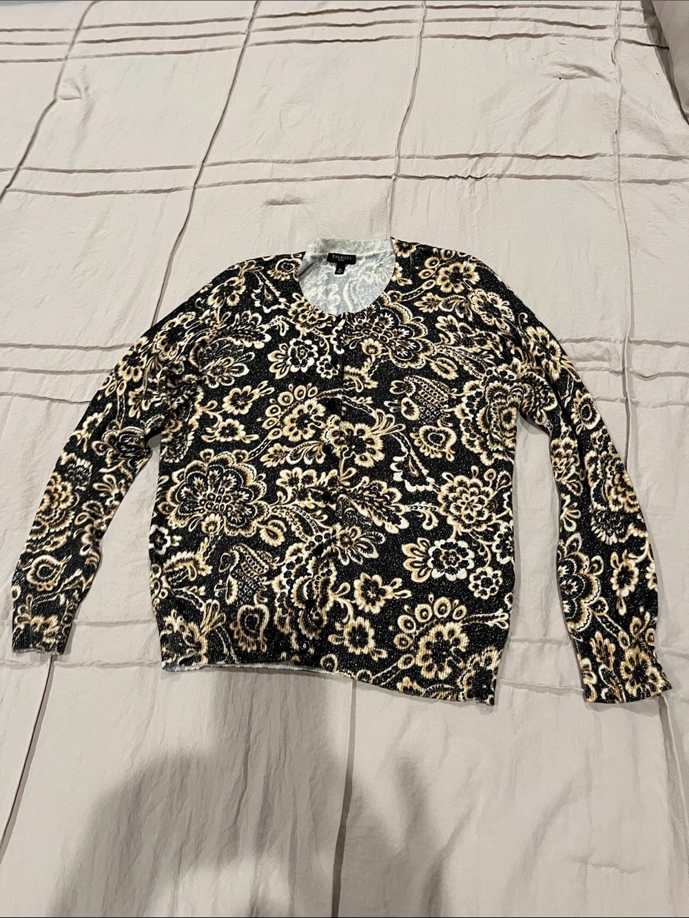 Talbots Black and Cream Floral Crewneck Sweater